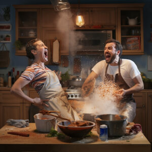 Two improvisors cooking an exploding meal